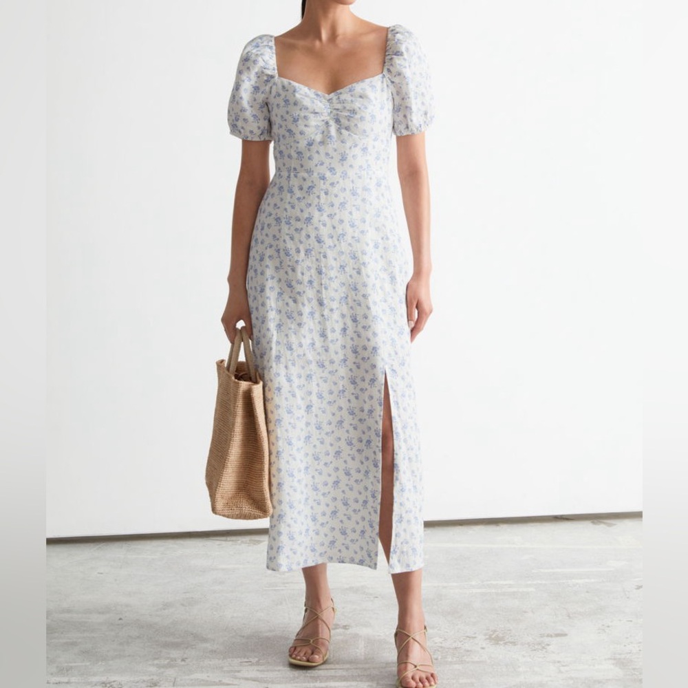 & Other Stories Puff Sleeve Linen Midi Dress – Size 4